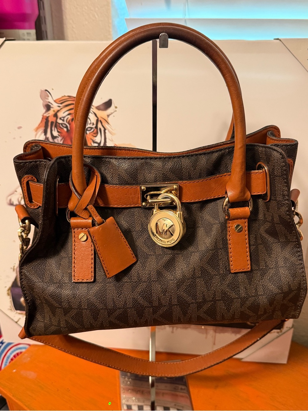 Michael Kors Hamilton East West  Satchel with Tan Leather Trim